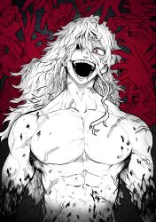 Rule 34 | 1boy, absurdres, blood, blood on arm, blood on body, blood splatter, boku no hero academia, crazy eyes, hair over one eye, highres, long hair, male focus, muscular, muscular male, open mouth, red eyes, shigaraki tomura, solo, teeth, too many hands, topless male, yotsumi shiro