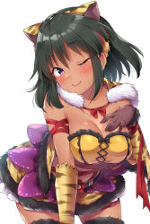 Rule 34 | 1girl, animal ears, animal print, arm ribbon, arm warmers, bare shoulders, black gloves, black thighhighs, blush, breasts, cleavage, cloak, closed mouth, collarbone, crop top, dark-skinned female, dark skin, fake animal ears, frilled shirt, frilled skirt, frills, fur-trimmed cloak, fur-trimmed skirt, fur-trimmed thighhighs, fur trim, gloves, green hair, hairband, hand on own chest, idolmaster, idolmaster cinderella girls, idolmaster cinderella girls starlight stage, large breasts, leaning forward, looking at viewer, natalia (idolmaster), one eye closed, purple eyes, red ribbon, ribbon, shirt, short hair, simple background, skirt, smile, solo, thighhighs, tiger ears, tiger print, trente, white background, yellow shirt, yellow skirt, zettai ryouiki