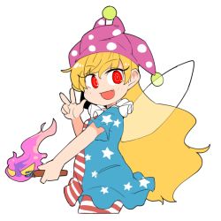 Rule 34 | 1girl, :d, american flag dress, blonde hair, blush, clownpiece, cowboy shot, dress, fairy wings, fang, fire, hat, holding, ini (inunabe00), jester cap, long hair, looking at viewer, neck ruff, open mouth, pantyhose, polka dot, red eyes, short dress, short sleeves, simple background, smile, solo, star (symbol), star print, striped clothes, striped dress, torch, touhou, v, very long hair, white background, wings