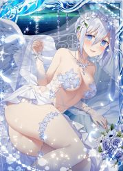 Rule 34 | 1girl, angel, angel wings, ass, bare shoulders, blue eyes, blue flower, blue hair, blue rose, breasts, bridal gauntlets, bridal veil, collaboration, cross, cross necklace, dress, falkyrie no monshou, floral print, flower, jewelry, looking at viewer, medium breasts, musse (falkyrie no monshou), necklace, night, night sky, ocean, official art, open mouth, rose, shinkai no valkyrie, short hair, sky, thighhighs, veil, wedding dress, wings