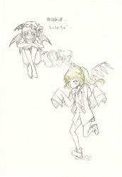 Rule 34 | 2girls, :d, ^ ^, alternate costume, barefoot, bat wings, blonde hair, blush stickers, bottomless, bow, closed eyes, unworn clothes, collared shirt, cosplay, costume switch, dress shirt, embarrassed, closed eyes, fang, flandre scarlet, flandre scarlet (cosplay), graphite (medium), greyscale, hat, hat bow, highres, koakuma, koakuma (cosplay), hugging own legs, long hair, long sleeves, looking at another, mob cap, monochrome, multiple girls, necktie, open clothes, open mouth, open vest, oversized clothes, panties, pantyshot, red hair, running, semei (skylarkmei), shaded face, shirt, shoes, side ponytail, sitting, skirt, skirt set, sleeves past wrists, smile, spot color, touhou, traditional media, translation request, underwear, untied, v-shaped eyebrows, vest, wings