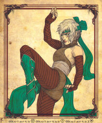 Rule 34 | 1girl, arm up, artist name, ass, bare shoulders, boots, breasts, brown background, brown shorts, character request, elbow gloves, gloves, green footwear, green hairband, grey hair, hairband, highres, knee boots, koiarts, large breasts, league of legends, leg up, legends of runeterra, pantyhose, red gloves, red pantyhose, short hair, shorts, solo
