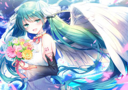Rule 34 | 1girl, adapted costume, angel wings, aqua eyes, aqua hair, aqua nails, bare shoulders, black sleeves, blue sky, blurry foreground, bouquet, cloud, commentary, detached sleeves, dress, falling petals, feathered wings, flower, hair ornament, hatsune miku, holding, holding bouquet, kashiwabara en, long hair, looking at viewer, nail polish, neck ribbon, open mouth, outdoors, petals, pink flower, pink rose, ribbon, rose, shirt, shoulder tattoo, sky, sleeveless, sleeveless shirt, smile, solo, tattoo, twintails, very long hair, vocaloid, white dress, wings, yellow flower