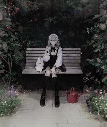 Rule 34 | 1girl, bench, black bow, black bowtie, black dress, black eyes, black footwear, boots, bow, bowtie, commentary, dress, flower, full body, grey hair, hand on own knee, hand up, highres, knee boots, long hair, long sleeves, looking at viewer, maid headdress, mao oxo, original, outdoors, park bench, petticoat, pinafore dress, plant, sleeveless dress, solo, stuffed animal, stuffed toy, symbol-only commentary, watering can, white dress