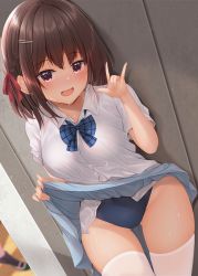 Rule 34 | 1girl, 1other, blue bow, blue one-piece swimsuit, blue skirt, blush, bow, braid, breasts, brown hair, clothes lift, collared shirt, dress shirt, fox shadow puppet, hair bow, hair ornament, hairclip, hand up, lifted by self, looking at viewer, medium breasts, minato ojitan, one-piece swimsuit, open mouth, original, plaid, plaid bow, pleated skirt, red bow, red eyes, shirt, skirt, skirt lift, solo focus, swimsuit, swimsuit under clothes, tan, thighhighs, wet, white shirt, white thighhighs