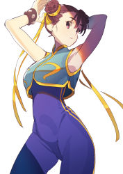 Rule 34 | 1girl, absurdres, armpits, bare shoulders, blue unitard, bow, bracelet, breasts, brown eyes, brown hair, capcom, chun-li, commentary request, crop top, double bun, gold trim, hair bow, hair bun, hair ornament, highres, jewelry, large breasts, looking at viewer, parted lips, sleeveless, solo, standing, street fighter, street fighter zero (series), tanakalma, unitard