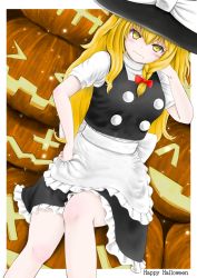 Rule 34 | 1girl, 3:, apron, arm behind head, black skirt, black vest, blonde hair, bosutonii, braid, clenched hand, commentary request, dutch angle, english text, feet out of frame, frown, furrowed brow, hair between eyes, hair ribbon, halloween, hand on own hip, happy halloween, hat, high collar, highres, jack-o&#039;-lantern, kirisame marisa, light particles, long hair, looking at viewer, puffy short sleeves, puffy sleeves, ribbon, shirt, short sleeves, single braid, sitting, sitting on object, skirt, touhou, tress ribbon, very long hair, vest, waist apron, white shirt, witch hat, yellow eyes