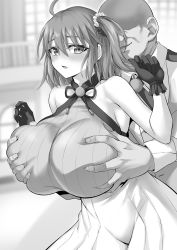 Rule 34 | 1boy, 1girl, absurdres, ahoge, bare shoulders, grabbing another&#039;s breast, breasts, commission, dress, fate/grand order, fate (series), fujimaru ritsuka (female), fujimaru ritsuka (female) (waltz in the moonlight/lostroom), gloves, grabbing, greyscale, highres, huge breasts, ijima yuu, looking at viewer, monochrome, one side up, open mouth, pixiv commission, short hair, under the same sky