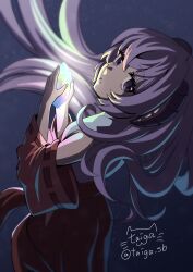 Rule 34 | 1girl, bare shoulders, commentary, commentary request, cowboy shot, crystal, demon girl, demon horns, detached sleeves, eyelashes, floating hair, from behind, grey background, hanyuu, head tilt, highres, higurashi no naku koro ni, holding crystal, horns, japanese clothes, long hair, long sleeves, looking at viewer, looking back, miko, parted lips, purple eyes, purple hair, red skirt, red sleeves, shirt, signature, simple background, skirt, solo, taiga sb, twitter username, white shirt, wide sleeves