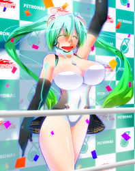Rule 34 | 1girl, adapted costume, arm up, blush, breasts, checkered background, choker, cleavage, colored eyelashes, endou tatsumi, closed eyes, green hair, hatsune miku, headset, huge breasts, jewelry, large breasts, long hair, md5 mismatch, necklace, open mouth, race queen, racing miku, solo, tears, twintails, very long hair, vocaloid