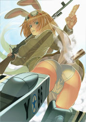 Rule 34 | 1girl, animal ears, ass, bad id, bad pixiv id, blue eyes, blurry, breasts, browning automatic rifle, charlotte e. yeager, depth of field, from below, goggles, goggles on head, gun, long hair, looking back, machine gun, ogino (oginogino), orange hair, panties, rabbit ears, rabbit girl, rabbit tail, shell casing, strike witches, tail, underwear, weapon, world witches series