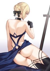 Rule 34 | 1girl, artoria pendragon (all), artoria pendragon (alter swimsuit rider) (third ascension) (fate), artoria pendragon (fate), ass, backless dress, backless outfit, bare shoulders, black dress, black gloves, black ribbon, blonde hair, braid, choker, commentary, danimaru, dress, fate/grand order, fate/stay night, fate (series), french braid, from behind, gloves, hair bun, hair ribbon, highres, looking at viewer, nape, ribbon, ribbon choker, saber alter, shoulder blades, sidelocks, simple background, single hair bun, sitting, solo, sword, thighhighs, thong, weapon, white background, yellow eyes, yokozuwari