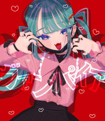 Rule 34 | 1girl, aqua eyes, aqua hair, bandaid, black nails, black ribbon, black skirt, blue eyes, blue hair, blush, claw pose, ear piercing, earrings, fangs, hair ribbon, halftone, hatsune miku, heart, highres, jewelry, jirai kei, long hair, long sleeves, looking at viewer, mask, mouth mask, open mouth, piercing, pink shirt, red background, ribbon, ring, shirt, simple background, skirt, smile, solo, twintails, vampire, vampire (vocaloid), very long hair, vocaloid, yuusuke (yyy xp)
