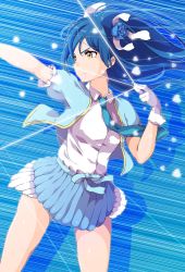 Rule 34 | 1girl, arrow (projectile), blue background, blue hair, blue necktie, blue ribbon, blue skirt, bow (weapon), closed mouth, commentary request, cowboy shot, drawing bow, floating hair, flower, from side, gloves, hair between eyes, hair flower, hair ornament, heart, highres, holding, holding bow (weapon), holding weapon, long hair, love live!, love live! school idol festival, love live! school idol project, necktie, ribbon, sen (sen0910), shirt, short sleeves, skirt, solo, sonoda umi, standing, weapon, white gloves, white shirt, wind, yellow eyes