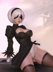 Rule 34 | 1girl, 2b (nier:automata), arm support, arms behind back, black blindfold, black dress, black gloves, black hairband, black leotard, blindfold, breasts, brown thighhighs, cleavage, cleavage cutout, clothing aside, clothing cutout, covered eyes, dress, dress aside, feather-trimmed sleeves, freli, gloves, gluteal fold, groin, hairband, highleg, highleg leotard, highres, lace, lace-trimmed thighhighs, leotard, lips, medium breasts, multicolored clothes, multicolored gloves, nier:automata, nier (series), parted lips, patreon logo, patreon username, short hair, sitting, solo, thighhighs, two-tone gloves, white gloves, white hair, white leotard