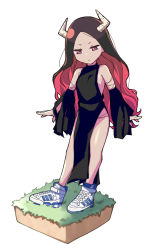 Rule 34 | 1girl, black hair, colored inner hair, commentary, demon girl, detached sleeves, grass, highres, horns, jahy-sama wa kujikenai!, long hair, maou (jahy-sama wa kujikenai!), multicolored hair, nairage, red eyes, red hair, shoes, sneakers, solo, two-tone hair, white background