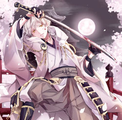 Rule 34 | 10s, 1boy, atea, black gloves, blood, blood on face, blood on clothes, bloody weapon, cherry blossoms, full moon, gloves, hood, japanese clothes, katana, male focus, moon, partially fingerless gloves, petals, pom pom (clothes), smile, solo, sword, touken ranbu, tsurumaru kuninaga, weapon, white hair, yellow eyes
