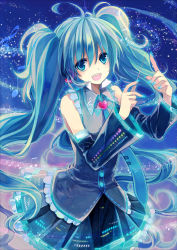 Rule 34 | 1girl, ahoge, aqua eyes, aqua hair, bad id, bad pixiv id, baton, conductor baton, beamed quavers, detached sleeves, flat sign, hatsune miku, heart, heart on chest, highres, long hair, musical note, nail polish, necktie, open mouth, sharp sign, smile, solo, t miyanagi, treble clef, twintails, vocaloid