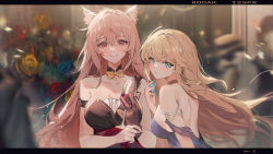 Rule 34 | 2girls, absurdres, alcohol, animal ears, armband, bare back, bare shoulders, blonde hair, blue dress, blue eyes, blush, bow, bowtie, breasts, character request, choker, commentary request, cup, cupping glass, dress, girls&#039; frontline, girls&#039; frontline neural cloud, hair between eyes, hand up, highres, holding, holding cup, kuuus, large breasts, letterboxed, long hair, looking at viewer, multiple girls, pink hair, red eyes, smile, strapless, strapless dress, upper body, very long hair, wine, yellow bow, yellow bowtie