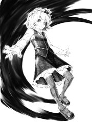 Rule 34 | 1girl, darkness, embodiment of scarlet devil, female focus, greyscale, highres, mary janes, monochrome, necktie, outstretched arms, rumia, shoes, sketch, solo, takeuma, thighhighs, touhou