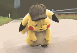 Rule 34 | animal focus, blush stickers, brown hat, bush, cabbie hat, closed eyes, clothed pokemon, creatures (company), day, detective pikachu, detective pikachu (character), detective pikachu (movie), ears down, fence, game freak, gen 1 pokemon, gerigoo, hat, highres, nintendo, no humans, open mouth, outdoors, pikachu, pokemon, road, sketch, solo, u u, walking, wrinkled frown (detective pikachu)