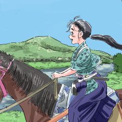Rule 34 | 1girl, black hair, blue kimono, blue sky, dmohashi, floating hair, from side, highres, hill, horse, horseback riding, inktober, japanese clothes, kimono, landscape, long hair, open mouth, original, ponytail, riding, river, sky, solo