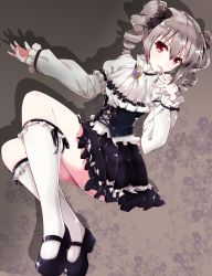 Rule 34 | 10s, 1girl, colored eyelashes, drill hair, frills, highres, idolmaster, idolmaster cinderella girls, kanzaki ranko, long hair, mary janes, nonohachi, red eyes, ribbon, shoes, silver hair, smile, solo, twin drills, twintails