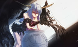 Rule 34 | 1girl, akinaie, bent over, blue hair, hair over one eye, horns, jar, light, long hair, off shoulder, pantyhose, red eyes, solo, torn clothes, wings, yoshio (55level)