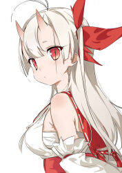Rule 34 | 1girl, ahoge, bare shoulders, blush, chest sarashi, expressionless, highres, horns, long hair, looking at viewer, oni, original, red eyes, sailor collar, sarashi, simple background, sketch, solo, takakura, upper body, white background, white hair