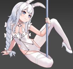 Rule 34 | + +, 1girl, animal ear fluff, animal ears, azur lane, blue eyes, blue nails, braid, cameltoe, cleft of venus, closed mouth, commentary, covered navel, fake animal ears, female focus, flat chest, full body, grey background, hair ribbon, hairband, high heels, highres, le malin (azur lane), le malin (listless lapin) (azur lane), leotard, low twin braids, maryn, nail polish, official alternate costume, pantyhose, playboy bunny, pole, rabbit ears, ribbon, silver hair, simple background, sleeveless, smile, solo, sparkle, stripper pole, thigh strap, twin braids, white footwear, white pantyhose, white ribbon, wrist cuffs