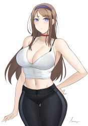 Rule 34 | 1girl, aori sora, arm at side, bare shoulders, black bra, black leggings, blue eyes, blue hairband, bra, breasts, brown hair, choker, cleavage, closed mouth, collarbone, commentary, cowboy shot, dated, english commentary, hairband, hand on own hip, highres, large breasts, leggings, long hair, looking at viewer, midriff, mole, mole on breast, mole on cheek, mole under mouth, navel, original, red choker, signature, simple background, solo, standing, stomach, straight hair, tank top, thighs, underwear, white background, white tank top