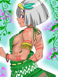 Rule 34 | 1girl, absurdres, arm tattoo, asatsuki (cookie), asha, blonde hair, blue background, blue eyes, bob cut, bracelet, breasts, commentary request, cookie (touhou), cowboy shot, dark-skinned female, dark skin, dress, expressionless, facial tattoo, feather hair ornament, feathers, green dress, grey hair, hair between eyes, hair ornament, highres, jewelry, konpaku youmu, looking at viewer, looking to the side, medium bangs, medium breasts, open mouth, plant, short hair, shoulder tattoo, sideboob, sleeveless, sleeveless dress, solo, tattoo, toned female, touhou, vines