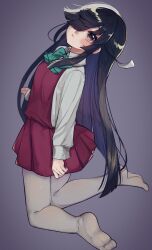 Rule 34 | 1girl, black hair, bow, bowtie, from side, hair over one eye, hair ribbon, halterneck, hayashimo (kancolle), highres, hime cut, kantai collection, long hair, looking up, myao (jumca my), no shoes, pantyhose, pink eyes, purple background, ribbon, school uniform, shirt, simple background, solo, very long hair, white ribbon, white shirt