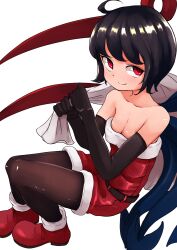 Rule 34 | 1girl, absurdres, asymmetrical wings, belt, black belt, black gloves, black hair, black pantyhose, blue wings, blush, breasts, christmas, cleavage, closed mouth, commentary request, cowlick, elbow gloves, full body, gloves, highres, holding, holding sack, houjuu nue, looking at viewer, pantyhose, red eyes, red footwear, red wings, sack, santa costume, scottie0521, shoes, short hair, simple background, small breasts, smile, solo, touhou, white background, wings