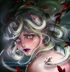 Rule 34 | 1girl, earrings, fangs, forked tongue, from behind, snake hair, greek mythology, jewelry, lipstick, long hair, looking at viewer, makeup, medusa (mythology), pointy ears, portrait, purple lips, red eyes, sakimichan, snake hair, solo, tears, tongue, watermark, web address, white eyes, white hair