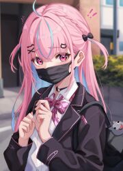 Rule 34 | !, !!, 1girl, ^^^, bag, black bag, black bow, black choker, black jacket, black mask, blazer, blue hair, blurry, blurry background, bow, bowtie, braid, cat hair ornament, choker, collared shirt, colored inner hair, commentary request, day, dress shirt, french braid, hair between eyes, hair bow, hair ornament, hairclip, hands up, highres, hololive, jacket, long hair, long sleeves, looking at viewer, mask, minato aqua, minato aqua (school uniform), mouth mask, multicolored hair, neko (minato aqua), o-ring, o-ring choker, official alternate costume, open clothes, open jacket, outdoors, pink bow, pink bowtie, pink eyes, pink hair, plaid, plaid bow, plaid bowtie, sa-ya2, school uniform, shirt, shoulder bag, solo, two-tone hair, two side up, upper body, virtual youtuber, white shirt, x hair ornament