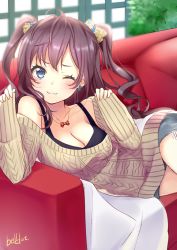 Rule 34 | 10s, 1girl, ;3, belldot, blue eyes, blush, bow, breasts, brown hair, cleavage, couch, earrings, female focus, hair bow, ichinose shiki, idolmaster, idolmaster cinderella girls, jewelry, large breasts, long hair, long sleeves, looking at viewer, lying, necklace, on side, one eye closed, short shorts, shorts, smile, solo, sweat