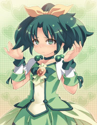 Rule 34 | 00s, 10s, 1girl, akimoto komachi, blush, bow, choker, collarbone, cosplay, cure march, cure march (cosplay), cure mint, dress, frown, green hair, green theme, hair bow, heart, looking at viewer, magical girl, midorikawa nao, precure, short hair, smile precure!, solo, tasaka shinnosuke, yes! precure 5