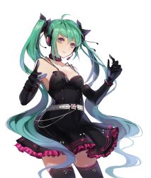 Rule 34 | 1girl, aqua hair, bad id, bad pixiv id, belt, black gloves, black thighhighs, blue eyes, dress, elbow gloves, gloves, hatsune miku, headphones, headset, highres, kim eb, long hair, looking at viewer, microphone, simple background, sleeveless, sleeveless dress, smile, solo, thighhighs, twintails, very long hair, vocaloid, white background, zettai ryouiki