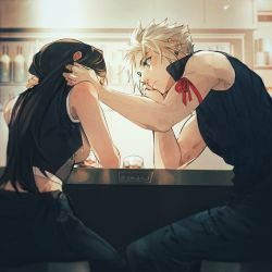 Rule 34 | 1boy, 1girl, adjusting another&#039;s hair, arm ribbon, artist name, backboob, black pants, black shirt, blonde hair, blue eyes, blush, bottle, breasts, closed mouth, cloud strife, earrings, final fantasy, final fantasy vii, from side, frown, glass, hand on own neck, hand up, highres, indoors, jewelry, large breasts, long hair, looking at another, maiii (smaii i), pants, red ribbon, ribbon, seventh heaven, shirt, short hair, sitting, tifa lockhart