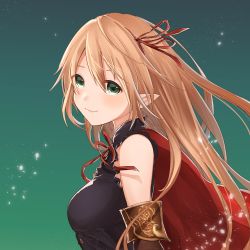 Rule 34 | arisa (shadowverse), blonde hair, blush, breasts, capelet, elf, green background, green eyes, harupin, highres, long hair, looking to the side, medium breasts, pointy ears, shadowverse, smile, solo, upper body