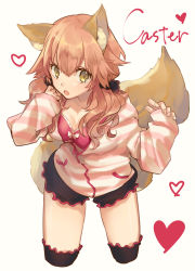 Rule 34 | 10s, 1girl, :o, animal ears, black thighhighs, character name, cropped legs, fate/extra, fate (series), fox ears, fox tail, hair ornament, hair scrunchie, heart, highres, hino hinako, hood, hoodie, long hair, looking at viewer, low twintails, official alternate costume, open mouth, pink hair, puffy shorts, scrunchie, shorts, simple background, sleeves past wrists, solo, striped clothes, striped hoodie, striped sweater, sweater, tail, tamamo no mae (fate/extra), tamamo no mae (spring casual) (fate), thighhighs, thighs, twintails, wavy hair, white background, yellow eyes
