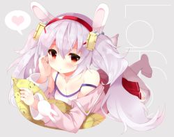 Rule 34 | 1girl, animal ears, azur lane, bare shoulders, blush, breasts, camisole, character name, cleavage, collarbone, commentary request, full body, fuuna thise, grey background, hair between eyes, hair ornament, hairband, heart, jacket, laffey (azur lane), long hair, long sleeves, looking at viewer, lying, no shoes, off shoulder, on stomach, open clothes, open jacket, parted lips, pillow, pink jacket, pleated skirt, rabbit ears, red eyes, red hairband, red skirt, silver hair, skirt, small breasts, solo, spoken heart, strap slip, thighhighs, twintails, very long hair, white camisole, white thighhighs