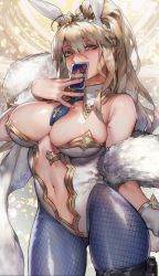 Rule 34 | 1girl, ahoge, animal ears, aoin, artoria pendragon (all), artoria pendragon (fate), artoria pendragon (swimsuit ruler) (fate), between breasts, blonde hair, blue necktie, blue pantyhose, braid, breasts, card, cleavage, clothing cutout, commentary request, covering own mouth, crown, crown braid, detached collar, fake animal ears, fate/grand order, fate (series), feather boa, fishnet pantyhose, fishnets, green eyes, hair between eyes, high ponytail, highleg, highleg leotard, highres, holster, large breasts, leotard, looking at viewer, navel cutout, necktie, necktie between breasts, nose, pantyhose, playboy bunny, playing card, plunging neckline, rabbit ears, solo, thigh holster, wrist cuffs