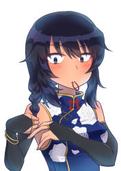 Rule 34 | 1girl, adjusting hair, andou (girls und panzer), black eyes, black gloves, black hair, blue shirt, blush, braid, bridal gauntlets, chinese clothes, commentary, dark-skinned female, dark skin, floral print, girls und panzer, girls und panzer saishuushou, gloves, hair tie in mouth, looking at viewer, medium hair, messy hair, mouth hold, print shirt, salt-apple, shirt, simple background, sleeveless, sleeveless shirt, solo, upper body, white background