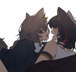 Rule 34 | 2girls, after kiss, akechi (826988799), animal ears, arknights, armband, ascot, assertive female, bare shoulders, black jacket, black nails, blush, braid, brown hair, dress, earclip, eye contact, face-to-face, fang, hair ornament, hand on another&#039;s shoulder, highres, jacket, long hair, looking at another, lunacub (arknights), medium hair, multiple girls, nail polish, open mouth, orange eyes, penance (arknights), shirt, simple background, tail, tongue, tongue out, white ascot, white background, white dress, white shirt, wolf ears, wolf girl, wolf tail, yuri
