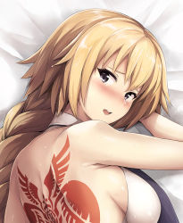 Rule 34 | 1girl, 3:, akita hika, arm up, back tattoo, bad id, bad pixiv id, blonde hair, blush, bow, braid, braided ponytail, breasts, dakimakura (medium), fate/apocrypha, fate/grand order, fate (series), from behind, hair bow, halterneck, halterneck, jeanne d&#039;arc (fate), jeanne d&#039;arc (girl from orleans) (fate), jeanne d&#039;arc (ruler) (fate), large breasts, long hair, looking back, parted lips, purple eyes, shoulder blades, sideboob, simple background, single braid, solo, tattoo, tears