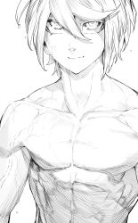 Rule 34 | 1boy, absurdres, closed mouth, greyscale, hair between eyes, highres, looking at viewer, male focus, monochrome, niwarhythm, original, pectorals, short hair, simple background, smile, solo, topless male, white background