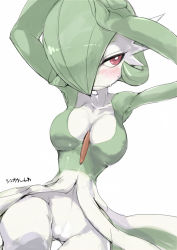 Rule 34 | 1girl, ario, armpits, arms up, blush, breasts, cleavage, collarbone, creatures (company), frown, game freak, gardevoir, gen 3 pokemon, green hair, looking away, medium breasts, navel, nintendo, no humans, pink eyes, pokemon, pokemon (creature), pussy, red eyes, short hair, simple background, solo, sweat, text focus, translation request, uncensored, white background