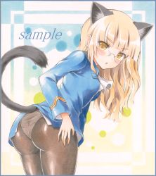 Rule 34 | 1girl, :o, animal ears, ascot, ass, bad id, bad pixiv id, bent over, blonde hair, border, brown pantyhose, cat ears, cat tail, colored pencil (medium), glasses, gradient background, hand on own hip, kemonomimi mode, long hair, long sleeves, looking at viewer, looking back, marker (medium), no pants, panties, panties under pantyhose, pantyhose, perrine h. clostermann, polka dot, polka dot background, potto, potto (minntochan), rimless eyewear, sample watermark, solo, strike witches, tail, traditional media, underwear, watermark, world witches series